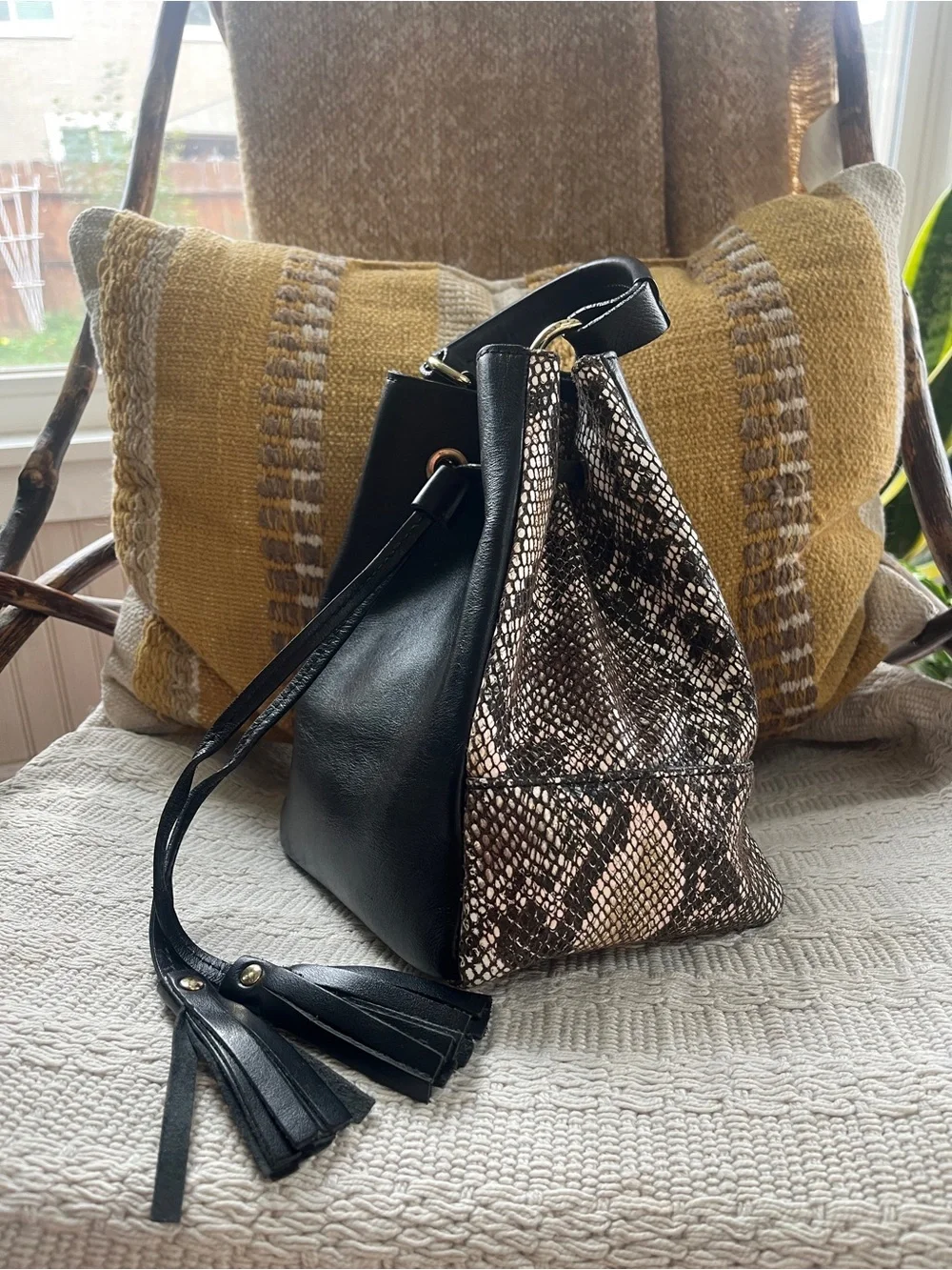 Black Italian Leather Drawstring Satchel with Snake-Print Panels